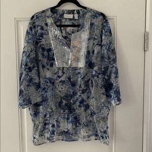 Chicos Sz 3 Wms XL Drop Waist Smocked Blouse Tunic SheerSequined N009